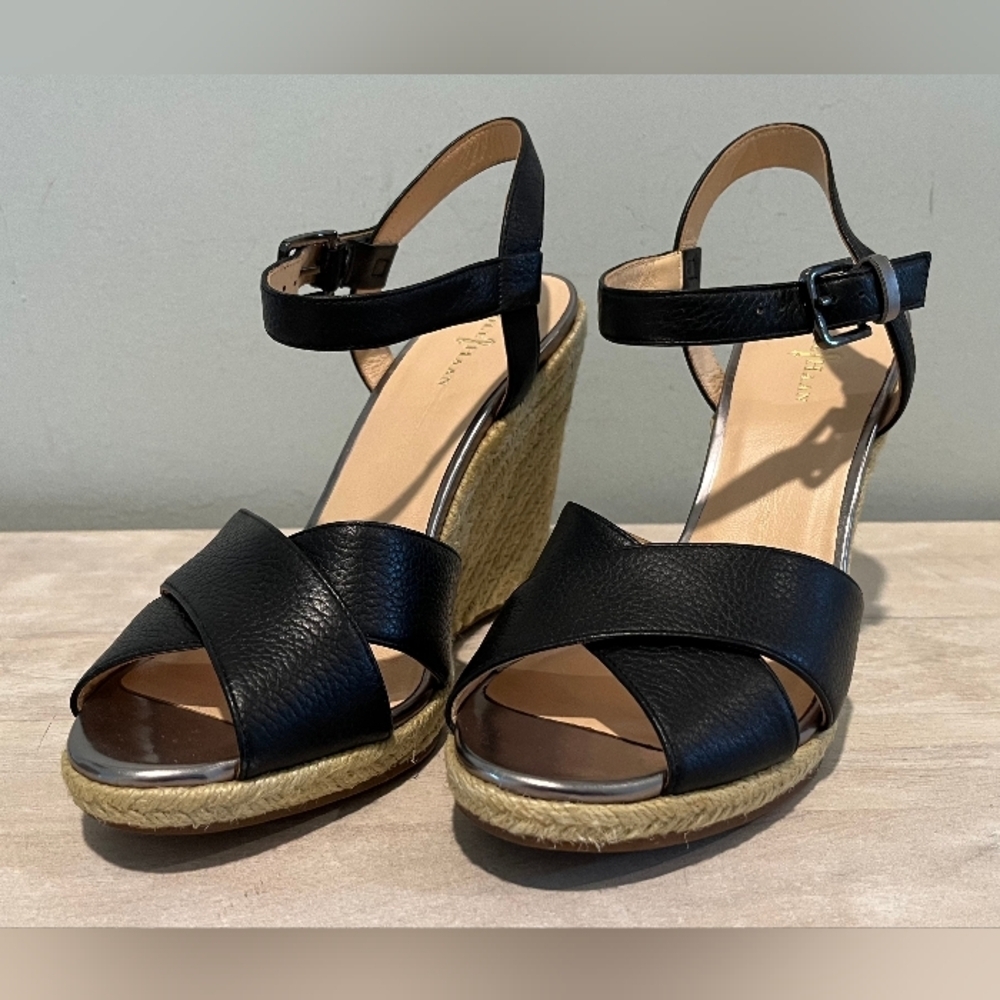 Cole Haan Hart Wedge Sandals In Black Leather With Jute Trim Size 8.5B … NWOB